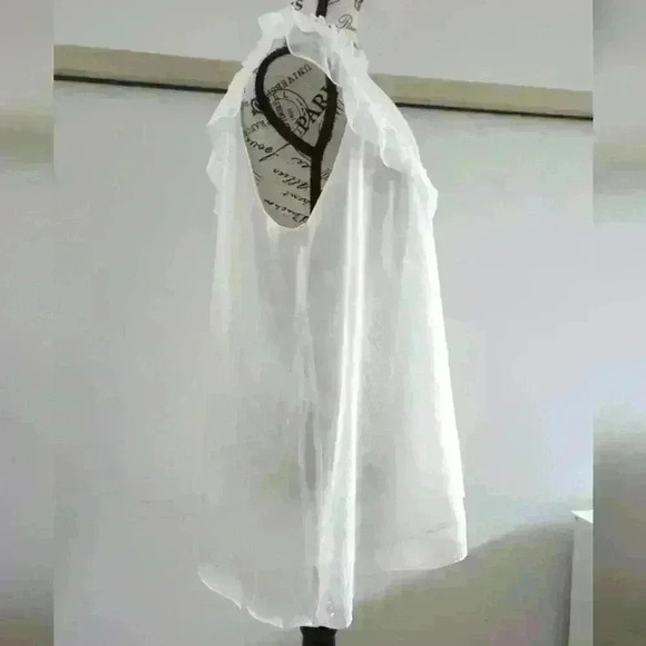 AMAZON | Women's White Lined Ruffled Neck Relaxed  Fit Sleeveless Blouse - Picture 3 of 5